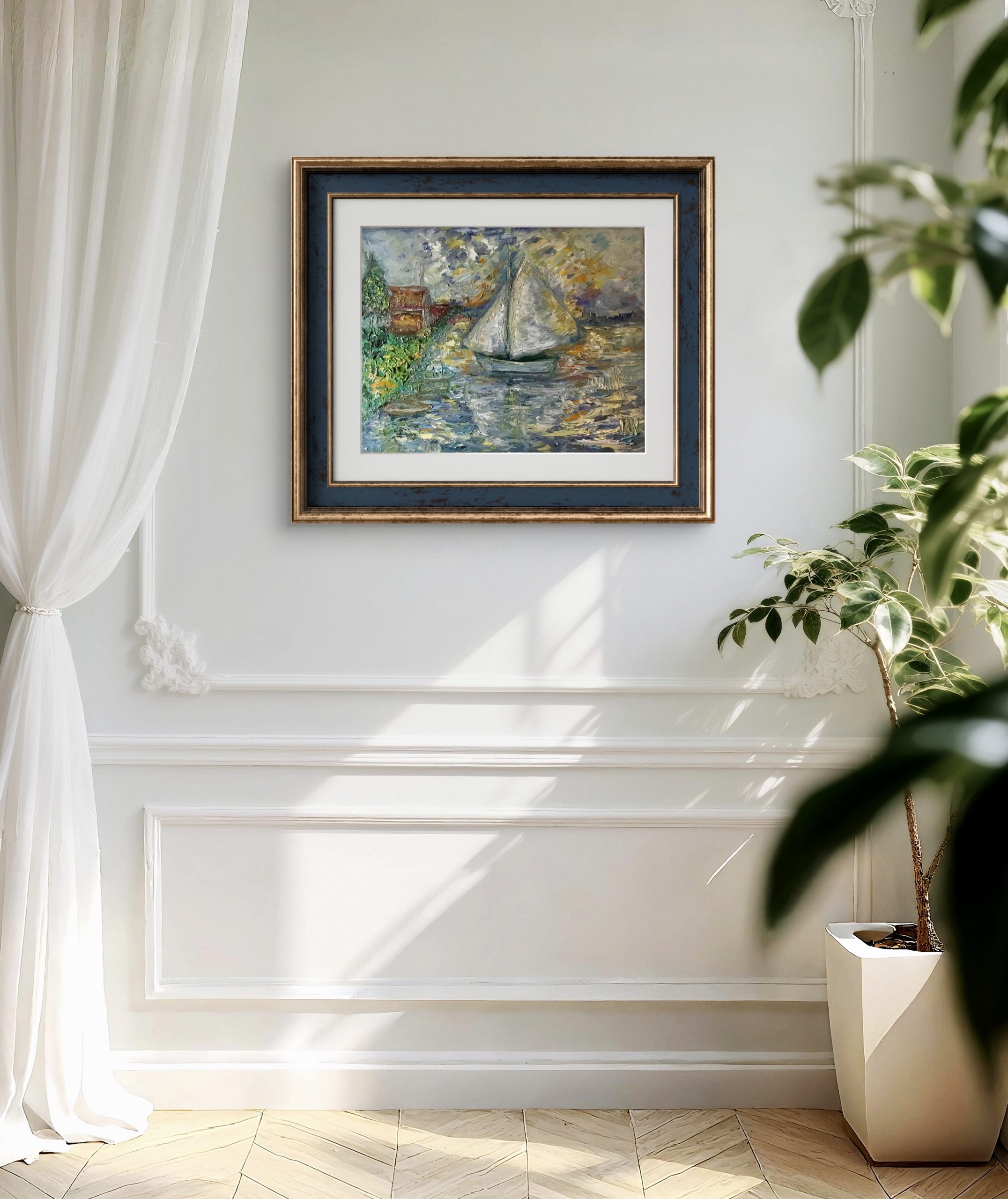 Silent Voyage at Sunset – Impasto Oil Painting on Canvas (40x50 cm)