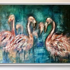 Silent Dance in Blue Mist – Original Flamingo Oil Painting
