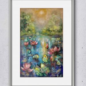 Mystical Water Garden – Soft Pastel Water Lily Pond Painting 30x50 cm