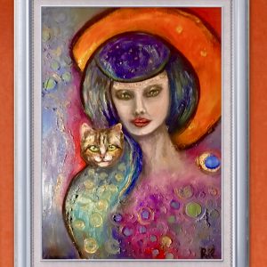 gentle power, mystical woman, woman and cat, symbolic art, abstract portrait, figurative art, halo woman, cat companion, intuitive art, dreamlike art, visionary art, mixed media look, contemporary art