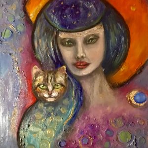 gentle power, mystical woman, woman and cat, symbolic art, abstract portrait, figurative art, halo woman, cat companion, intuitive art, dreamlike art, visionary art, mixed media look, contemporary art