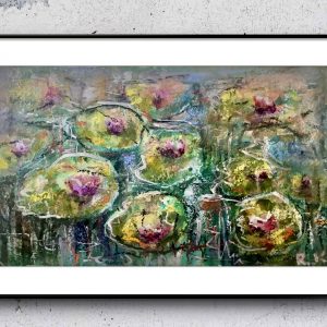 When Lillies Dream in Green – Original Watercolor & Soft Oil Pastel Mixed Media Painting