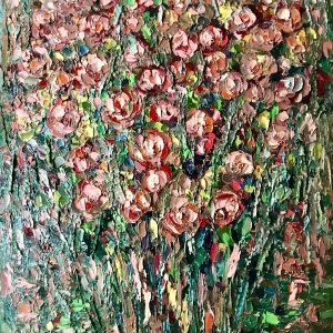 Textured Floral Oil Painting – Abstract Rose Garden