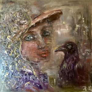 A Visitor from Before – Original Oil Painting 60×60 cm | Contemporary Figurative Art with Raven