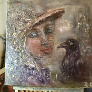 A Visitor from Before – Original Oil Painting 60×60 cm | Contemporary Figurative Art with Raven