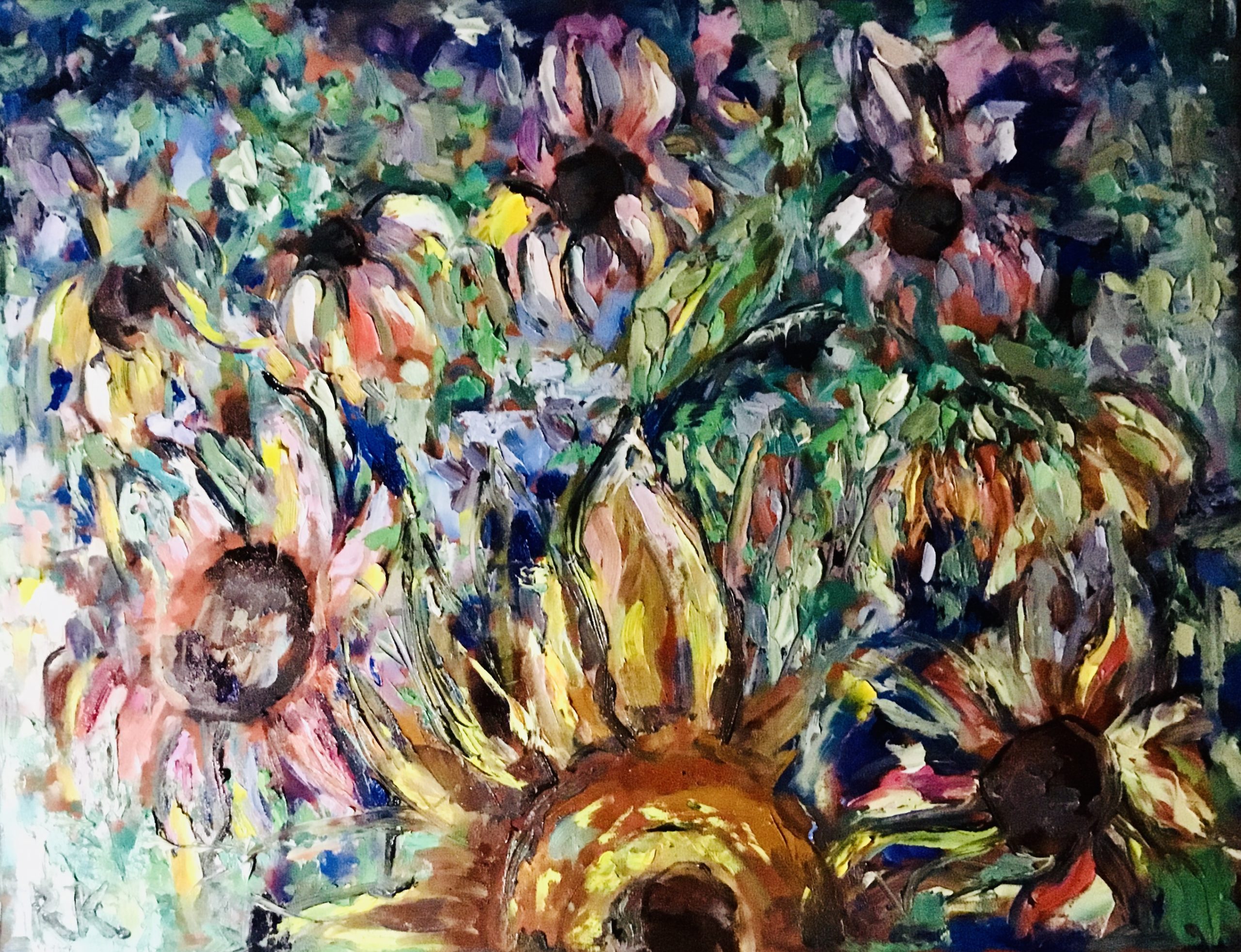 Original Impressionist Floral Oil Painting - Vibrant Sunflower & Wildflower Heavy Texture Impasto Wall Art - Modern Expressionist Floral Canvas Decor