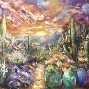 Original soft pastel painting of a vibrant Mexican desert landscape featuring towering saguaro cacti, prickly pear cacti, colorful wildflowers, distant mountains, and a glowing sunset beneath a dramatic sky.